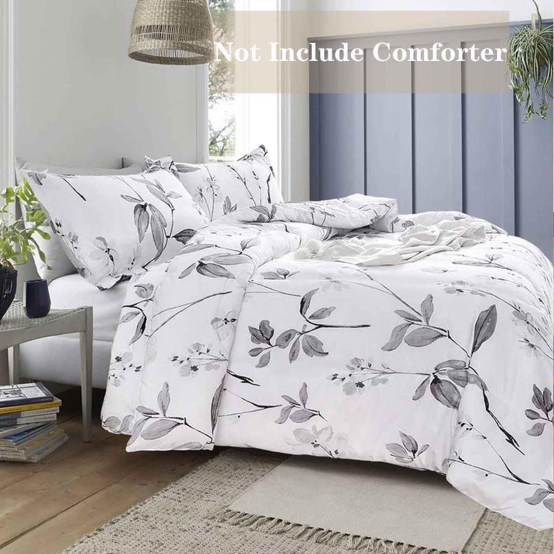 Nanko King Duvet Cover Set 3 Piece - 104x90 Luxury Microfiber Gray Grey and White Floral Flowers Comforter Cover with Zipper Closure, Ties - Best for Men and Women, Leaf - Image 2